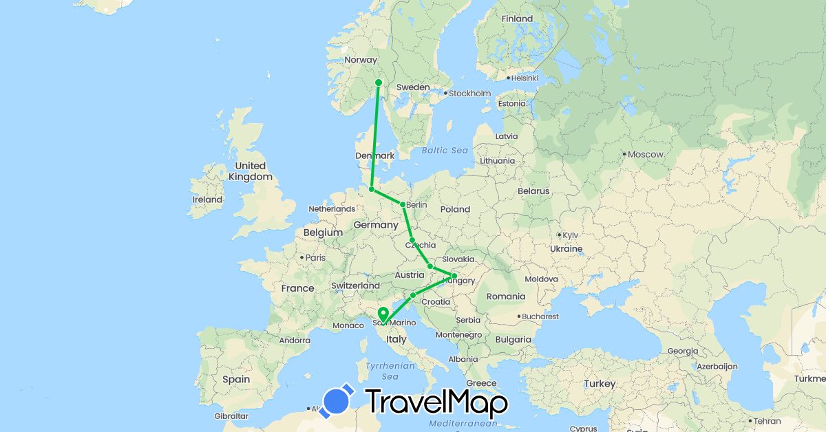 TravelMap itinerary: driving, bus in Austria, Czech Republic, Germany, Hungary, Italy, Norway, Slovenia (Europe)